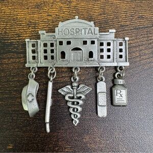 JJ Jonette Jewelry Silver Pewter Hospital Brooch Pin Medical Themed Charms